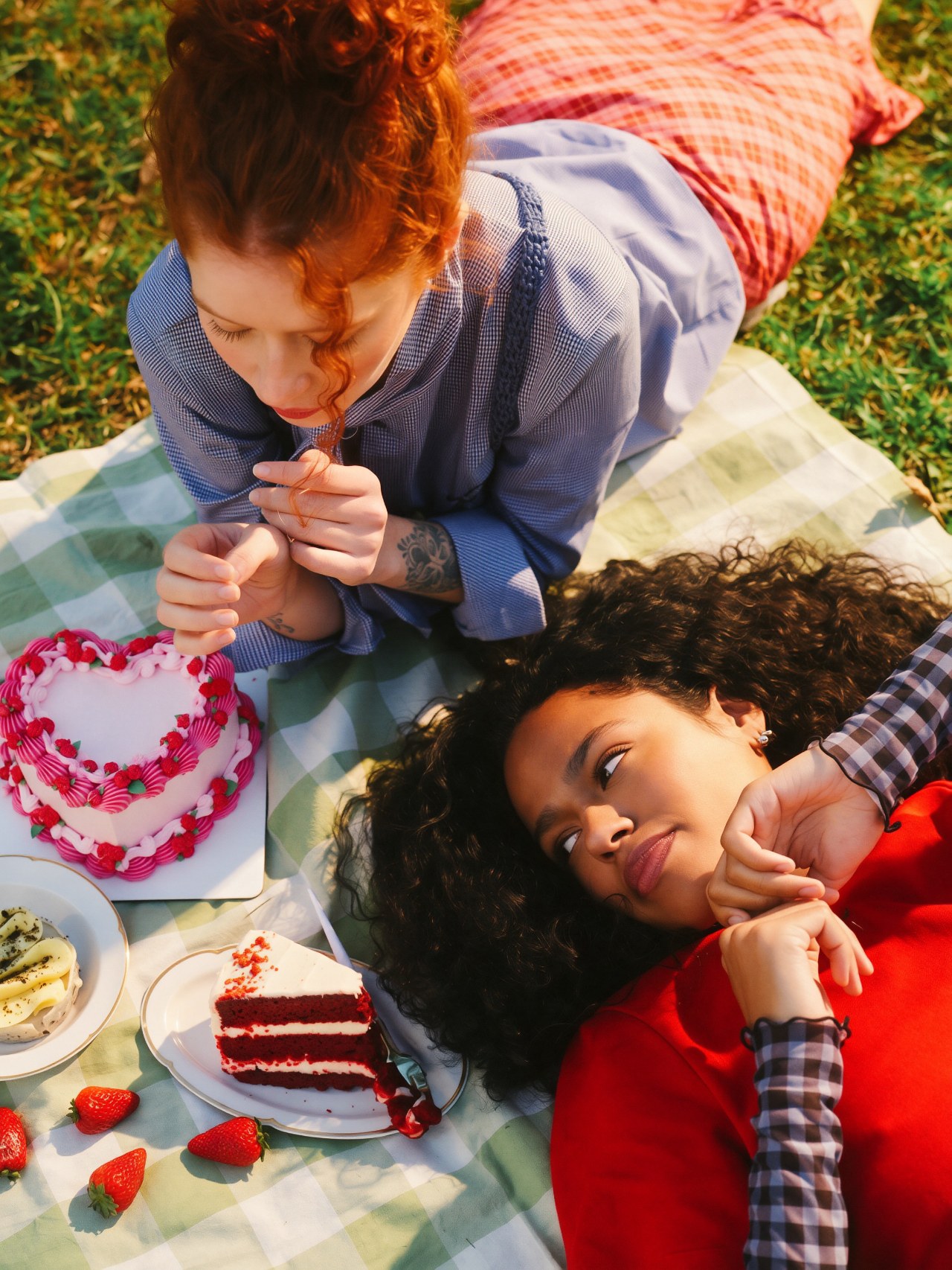 Two friends on a picnic blanket in the sun with a heart cake and strawberries